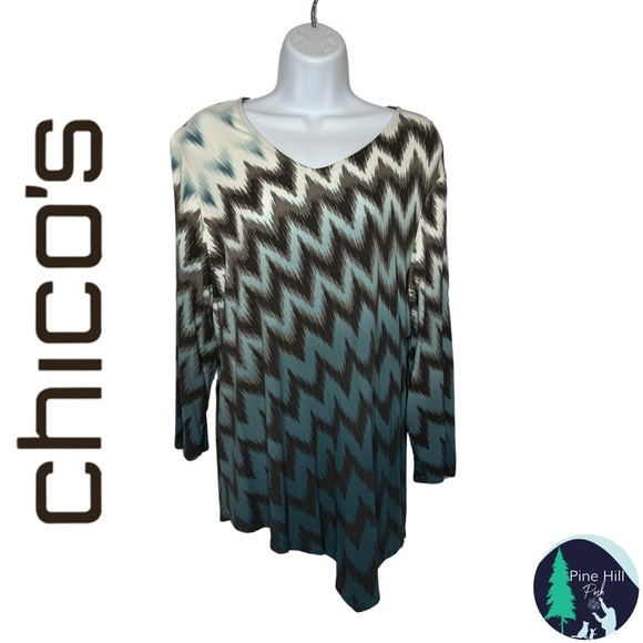 Chico's Tops - Chicos Tunic Top Size 2 US Large Teal Brown Asymmetrical Herringbone 3/4 Sleeves